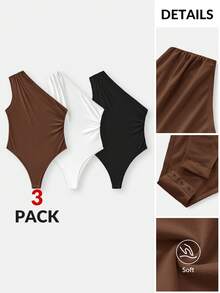 SHEIN BASICS 3件組女款休閒性感純色針織無袖修身連身衣 夏季女裝 夜出穿搭 巧克力棕色 白色 黑色 - 彩色 - 查看 8