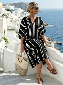 EMERY ROSE V-Neck Black And White Loose Fit Plus Size Dress Vacation Formal Summer Casual Baggy - Black - View 5