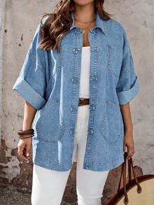 EMERY ROSE EMERY ROSE Chaqueta de Mezclilla Holgada con Hombros Caídos Casual para Vacaciones Talla Grande - Lavado ligero - Ver 4