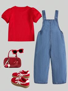 SHEIN Genkimix Kids 1件女童復古休閒可愛韓系水洗藍牛仔吊帶褲，草莓刺繡3D裝飾，附口袋可調肩帶直筒長褲牛仔連身褲，適合春秋冬季日常穿著、上學、旅行、度假、派對及各種室內外場合 - 紅色 - 查看 2