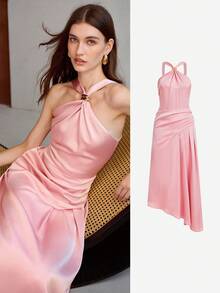 MOTF PREMIUM WOMEN'S HALTER NECK ASYMMETRIC HEM DRESS - Pink - View 7