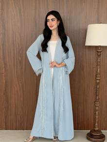 Yasmeen Edit Yasmeen Edit Romantic Elegant Solid Color Flared Mesh Lace Decor Women's Abaya - Blue - View 3