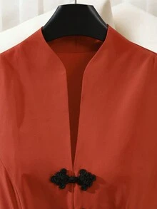 SHEIN Franclia 女款優雅復古短袖洋裝，青蛙鈕扣設計，適合婚禮晚宴，鐵鏽棕色，夏季款 - 鏽棕色 - 查看 6