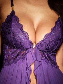 Bella Beso Women's Romantic Solid Color Lace Camisole Nightgown With Matching Lace Panties, V-Neck Design Highlights Elegant Neckline - Purple - View 4