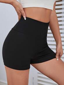 SHEIN BASICS Shorts de ciclista de punto acanalado con cintura ancha deportiva, conjunto de verano para mujer - Negro - Ver 4