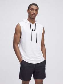 Nelvento Soul Men's Barbell Print Drawstring Waist Hooded Sports Tank Top, Gym - White - View 5