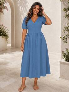 ELLERISSA Plus Size Blue V-Neck Puff Sleeve Button Front A-Line Midi Dress - Blue - View 4