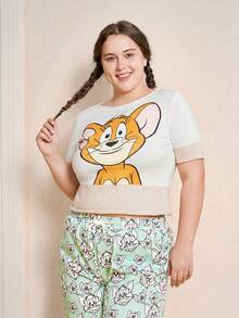 TOM & JERRY X SHEIN Plus Cartoon Pattern Knit Top - Multicolor - View 1