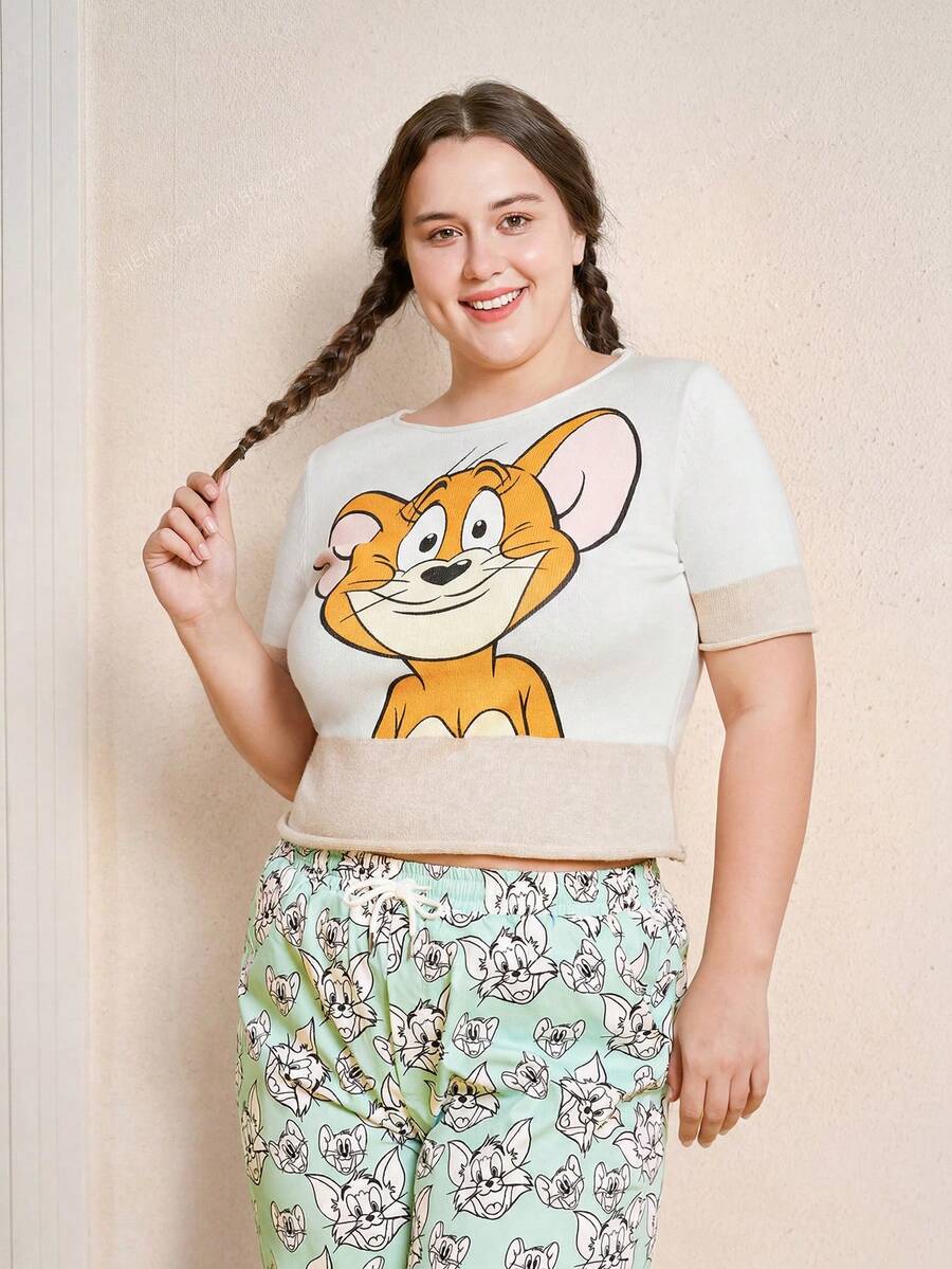 TOM & JERRY X SHEIN Plus Cartoon Pattern Knit Top - Multicolor - View 1