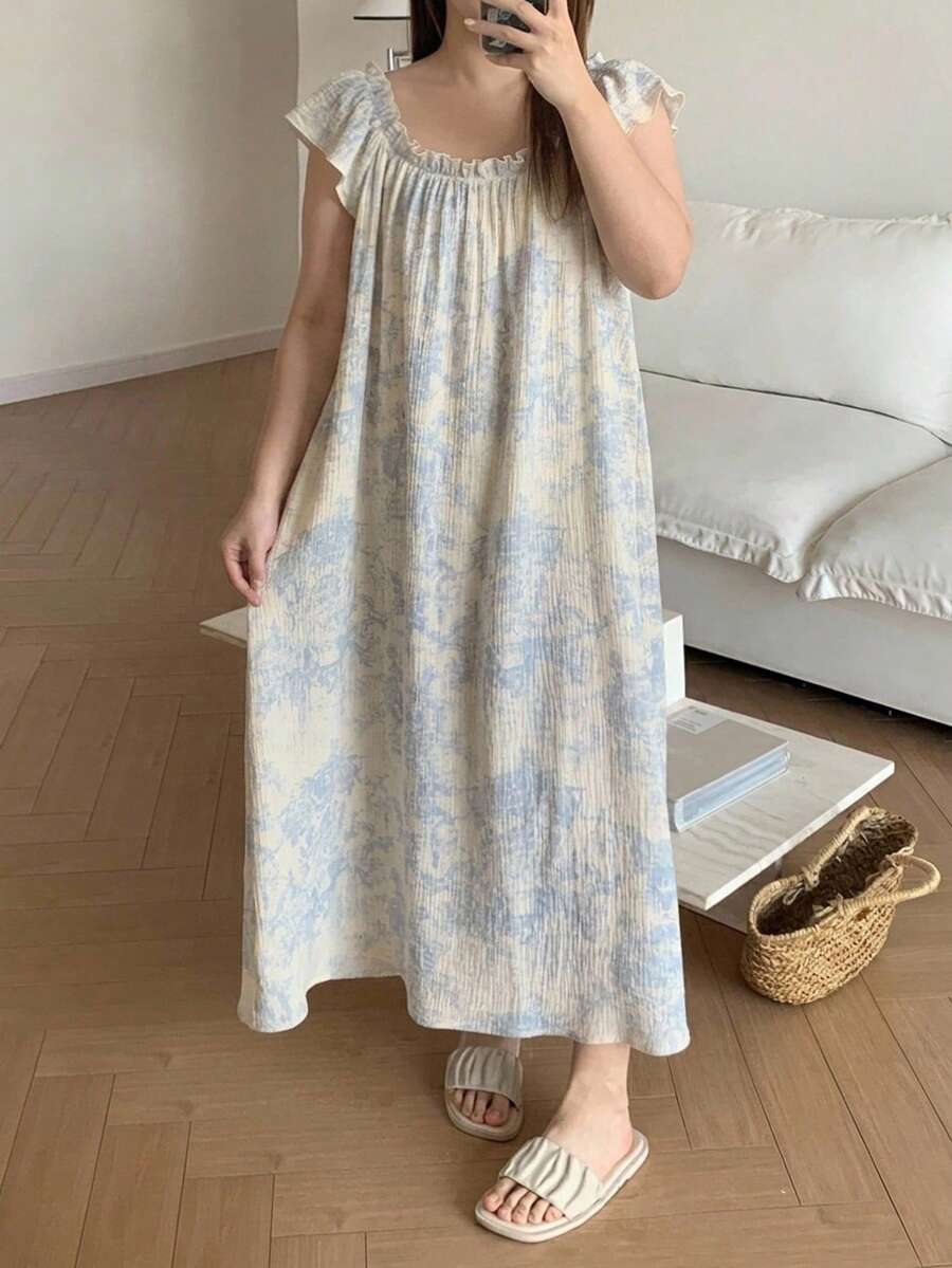 Dazy Plus Camisola Elegante de Primavera/Verão com Estampa Romântica em Todo o Tecido, Textura de Crepe e Manga com Babado - Azul - Visão 1