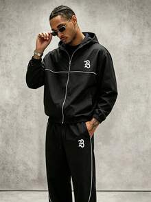 PAVTROS Men's Letter Print Hooded Zip-Up Jacket And Contrast Trim Pants Set,2 Piece White And Black,Autumn,Streetwear,Holiday Tracksuit Set Jogging Suits - Black - View 3