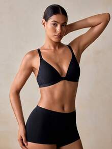 Veilyse 1pc Women's V-Neck Comfortable Wireless Front Closure Soft Cup Cotton Solid Color Bra With Adjustable Straps - Black - View 6