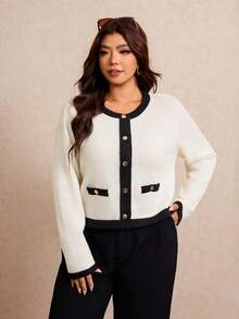 Elaquor Plus Size Autumn/Winter Casual Elegant Contrast Trim Cardigan Office Formal Black And White - Apricot - View 5
