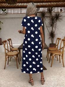 EMERY ROSE Vestido de mujer con mangas cortas y cuello redondo con estampado de lunares para el verano - Azul Marino - Ver 2