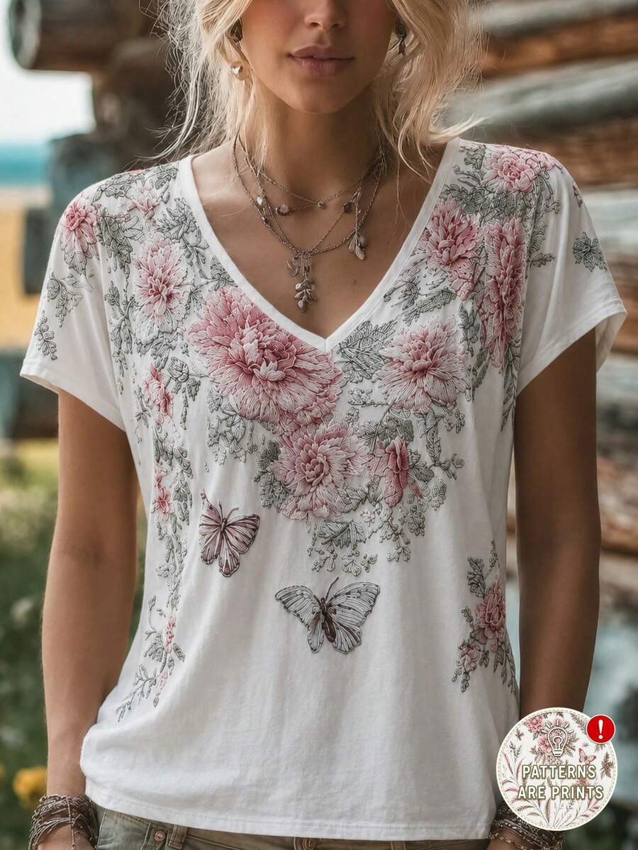 Elouméa Middle-Aged Women Spring/Summer Bohemian Floral Print Vacation Short Sleeve V-Neck Loose T-Shirt - Multicolor - View 1