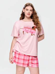 Bonmuse Plus Size 3-Piece Pajama Set For Women, Cool Short Sleeve Top, Shorts And Long Pants, Round Neck Pullover, Comfortable Loose Fit, Cute Dachshund Dog Graphic Print, Suitable For Home, Vacation, Holiday, Party, Beach, And Casual Wear, All Seasons - Pink - View 5