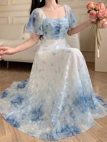 Modelyn Spring/Summer Gentle Style Romantic Elegant Gradient Blue And White Floral Print Pleated Dress Vacation - Multicolor - View 7