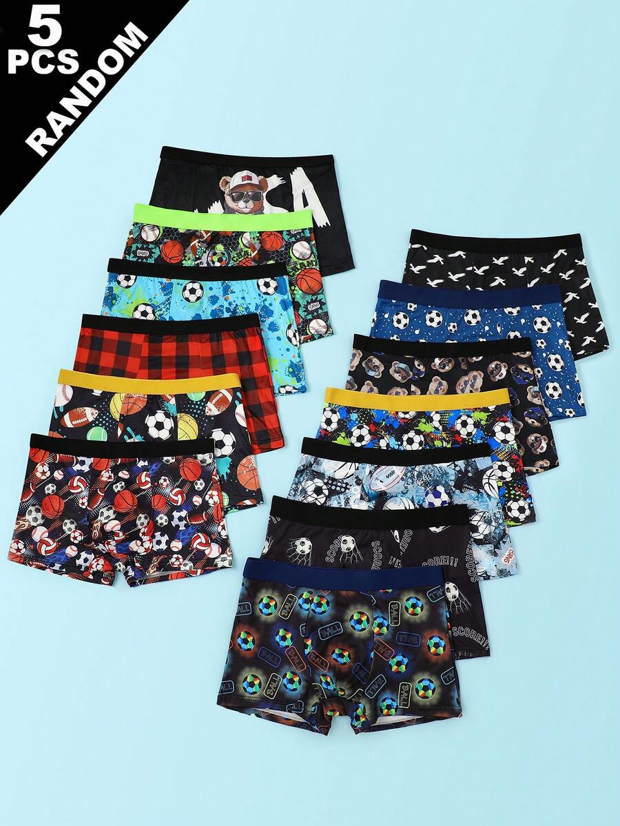 SHEIN Random 5pcs Teen Boy Football, Rugby, Basketball Print Boxer Briefs Autumn Fall