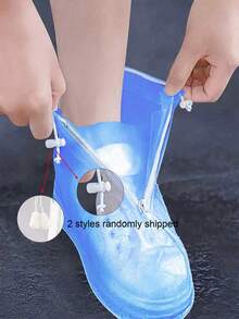 SHEIN 1 双白色透明塑料抽绳防水雨鞋套，多种尺寸，防滑、防水、防尘可重复使用鞋套，户外配件，适用于学校、办公室、家庭、旅行、鞋子收纳 - 藍色 - 查看 3