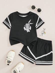 LOONEY TUNES X SHEIN 男嬰卡通圖案印花條紋拼接配色短袖T恤短褲套裝 - 黑色 - 查看 2