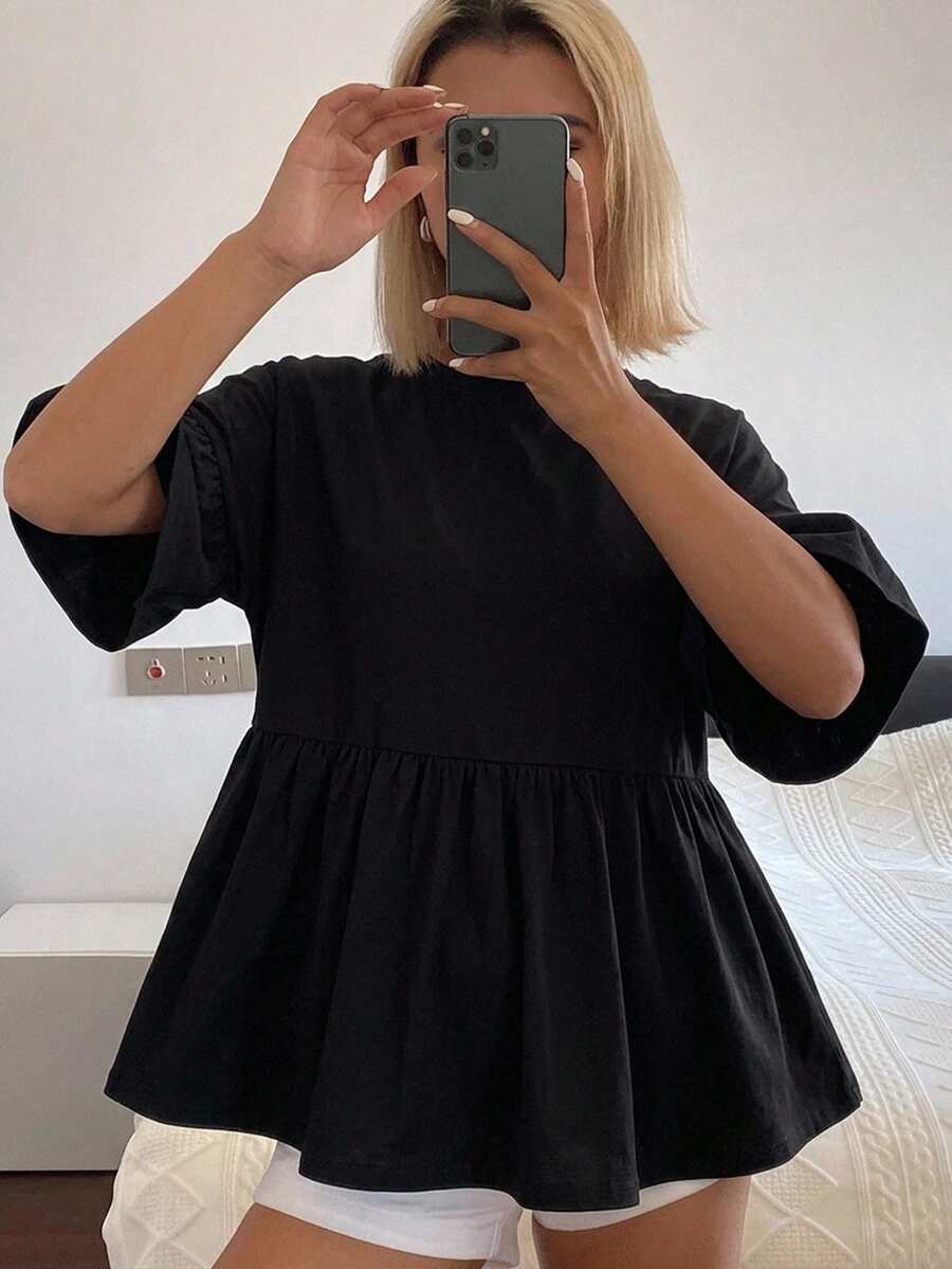 FRIFUL Women Fashion Summer Basic Short Sleeve T-Shirt,Ruffle - Black - View 1