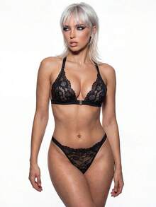 AltBold 2pcs Set Glitter Webbing Contrast Lace Front Closure Non-Padded Embroidered Backless Bra & Glitter Webbing Two-Tone Lace Thong - Black - View 4