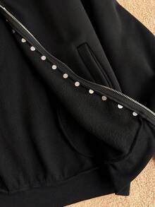 Attitoon Sweatshirt Wanita Polos dengan Tali Serut dan Hiasan Kancing, Pakaian Kasual Serbaguna untuk Sehari-hari - Hitam - View 5