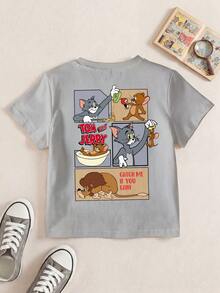 TOM & JERRY X SHEIN 男童休闲卡通图案圆领短袖T恤，夏季 - 白色 - 查看 1