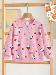 HELLO KITTY AND FRIENDS | SHEIN GraphicGems 女嬰圓領卡通印花休閒日常長袖運動衫 - 粉色 - 查看 3