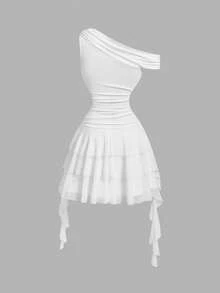 Skyraze Vestido corto sin mangas con cuello asimétrico y fruncido de unicolor para mujer - Blanco - Ver 4