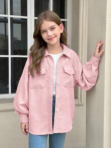 SHEIN Tween女孩素色米色燈芯絨翻蓋口袋落肩長袖外套，適合秋冬穿著 - 粉色 - 查看 9