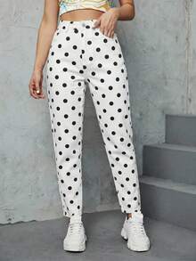 SHEIN ICON 休閒波點印花錐形牛仔褲 - 黑與白 - 查看 4