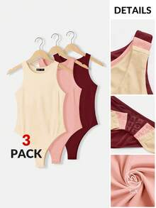 SHEIN BASICS 3件組休閒圓領無袖純色修身針織女款連身衣 夏季服裝 日常正式穿搭 米色 淺粉色 酒紅色 - 彩色 - 查看 8