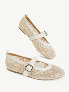 CUCCOO CHICEST Lace Mesh Mary Jane Shoes Women's Summer, Breathable Buckle Flats, Daily Commuting Dating Gentle Shoes - Apricot - View 6