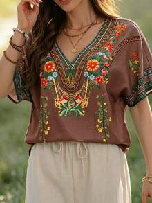 Zayélia 女款棕色花卉波希米亞刺繡上衣，復古V領蝙蝠袖寬鬆長版上衣，波西米亞風夏季休閒度假襯衫 - 棕色 - 查看 5