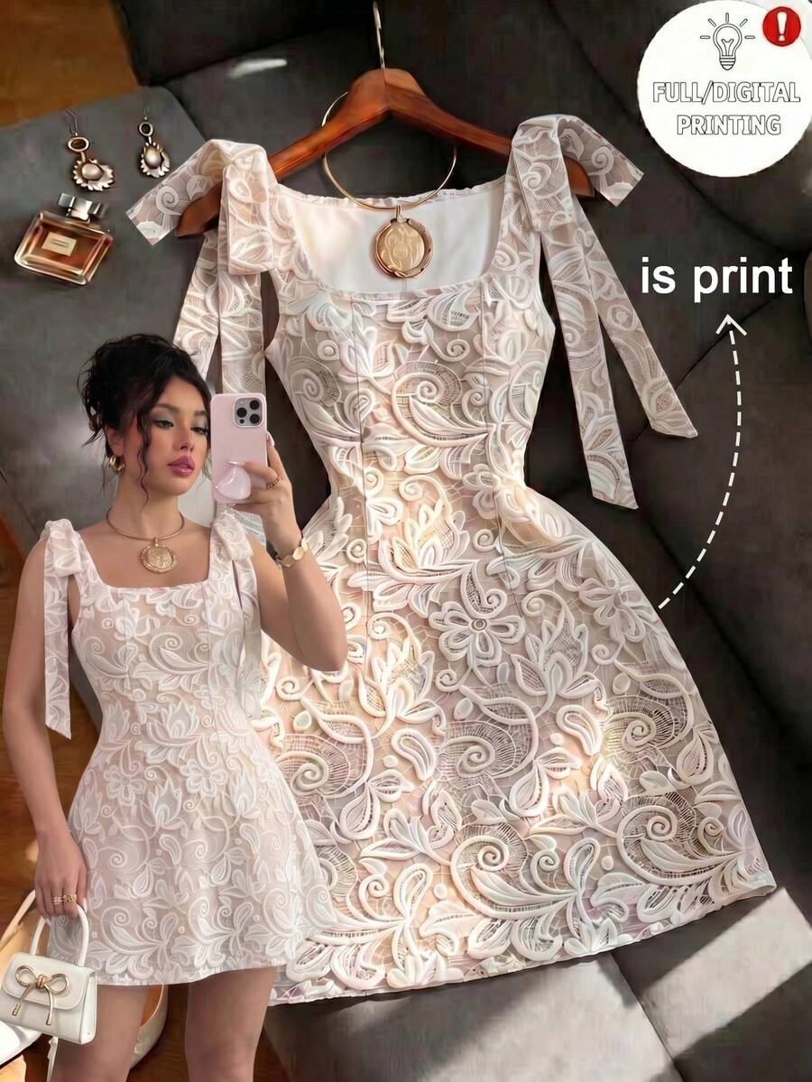 SHEIN Raffinéa Vestido de moda con estampado de encaje y cuello cuadrado - Albaricoque - Ver 1