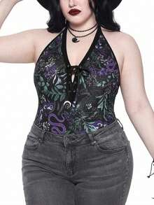 ROMWE Black Snake Print Knit Turtleneck Bodysuit With Cinched Waist Date Night Going Out Party Summer Sexy Goth Halloween - Multicolor - View 1