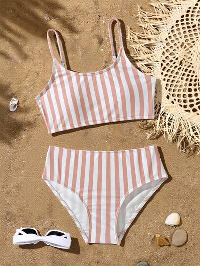 SHEIN Tween Girls Striped Bikini Sets,White Summer Tropical Beach Holiday Vacation Holiday Girls Swim Two Piece Preppy Set Teens Swim Suit Modest Swimwear