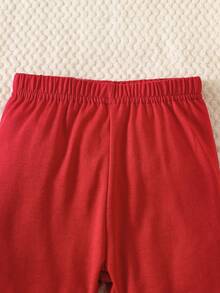 SHEIN 新生女嬰 3 件套秋季可愛荷葉袖長袖上衣褲子蝴蝶結裝飾 - 紅色 - 查看 6