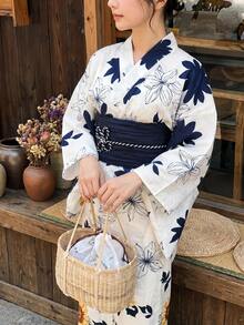 Irokai Floral Pattern Kimono Sleeve Robe And Camisole Dress Yukata Set - Blue and White - View 1