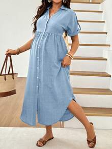 SHEIN Maternity Solid Color Pleated Casual Everyday Summer Dress - Blue - View 6