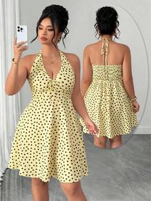SHEIN Clasi Plus Size Women's Elegant Shirred Halter Neck Multi-Color Color-Block Waist-Cinched Slimming Dress, Back Fitted Ruched Design, Suitable For Daily Commute, Party, Birthday, Gathering - Multicolor - View 1