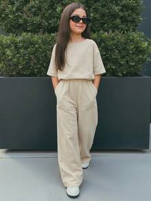 Firerie Kids Firerie Kids 少女T恤套装，新款卡其色圆领短袖T恤和裤子套装，夏季 - 卡其色 - 查看 3
