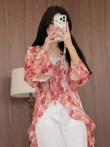 Yasmeen Edit Yasmeen Edit 女士荷叶边系带喇叭袖印花雪纺衬衫 - 彩色 - 查看 4