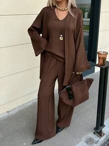 Livesso Autumn Brown Flare Sleeve Long Cardigan Vest Straight Leg Pants 3 Pieces Set, Loose Office Commute Wedding Vacation Casual Women's Outfit - Brown - View 1
