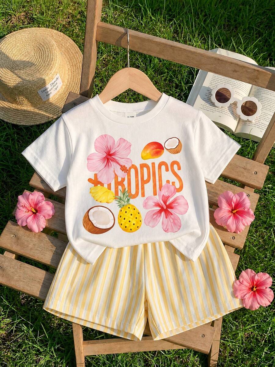 SHEIN Playful Pals 2件組女童熱帶水果花卉印花白色圓領短袖T恤與條紋短褲夏季可愛度假休閒嬰幼兒套裝 - 彩色 - 查看 1