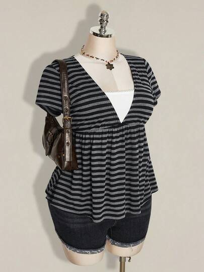 SHEIN ICON Women's Plus Size Retro Sexy Millennial Style Y2K Simple Casual Everyday Commute Street Style Black And Gray Striped Deep V-Neck 2 In 1 Top