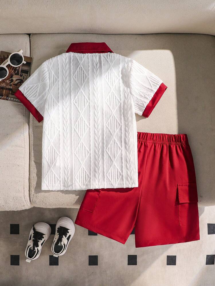SHEIN 2pcs Young BoySummer Textured Striped Polo Shirt And Cargo Pants Set Summer Boy Clothes Red Polo Shirt Shorts Set Boys Clothes Set Boy Summer Outfits - Red - View 2