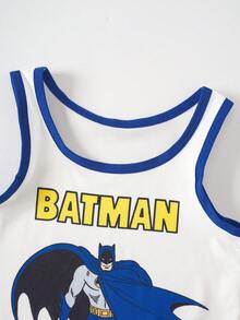BATMAN X SHEIN 小男孩字母卡通圖案印花背心與短褲居家服套裝 - 白色 - 查看 3