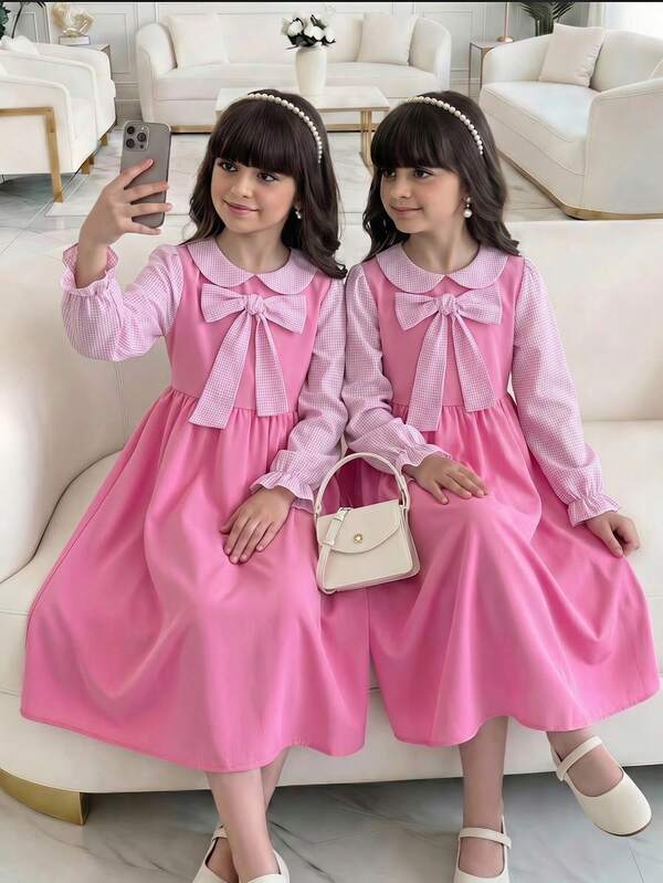 SHEIN Vestido de niña (grande) con lazo rosa, mangas largas de cuadros finos en rosa claro con mangas abullonadas y puños ajustados, cuello a juego con detalle de lazo 3D, adecuado para salidas diarias, fiestas de cumpleaños, viajes al aire libre y visitas festivas